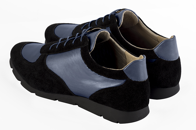 Matt black and prussian blue women's two-tone elegant sneakers. Round toe. Flat rubber soles. Rear view - Florence KOOIJMAN